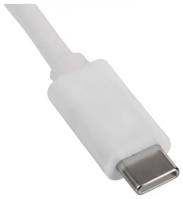 Bílá hlavice USB-C kabelu, zobrazující kovový konektor.