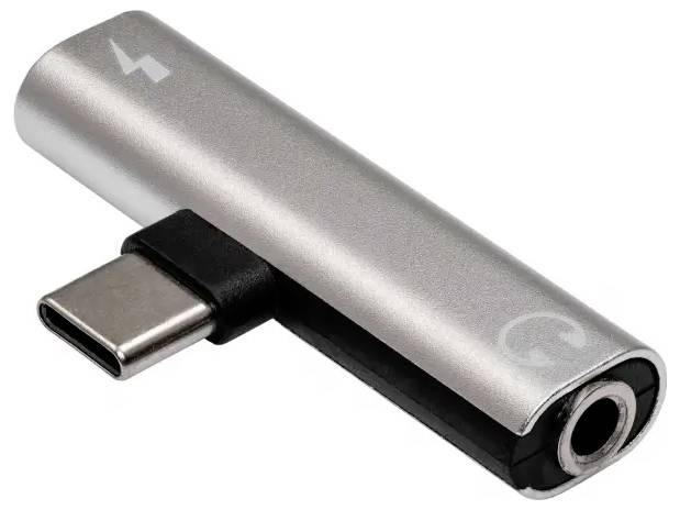 Kovový USB-C adaptér s připojením pro sluchátka a symbolem blesku, nabízí možnosti připojení pro audio zařízení.