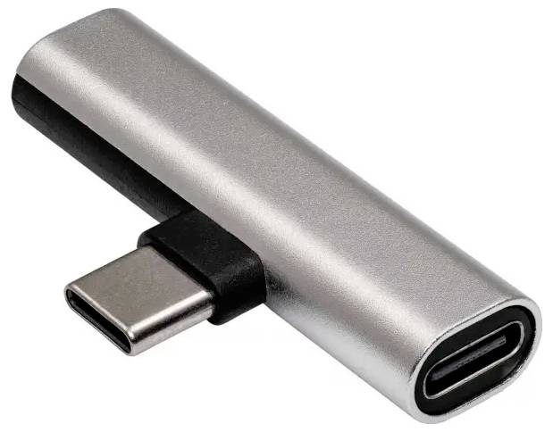 USB-C adaptér v cylindrickém tvaru s USB-C konektorem a dvěma USB-C zásuvkami na koncích válce.