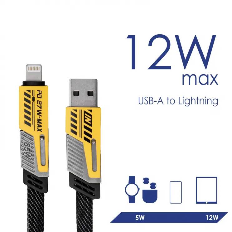 USB-A-na-Lightning kabel s nabíjecím výkonem 12W, zobrazuje rozdíl oproti 5W. Zobrazeno: kabelové konektory, relevantní symboly, text '12W max'.