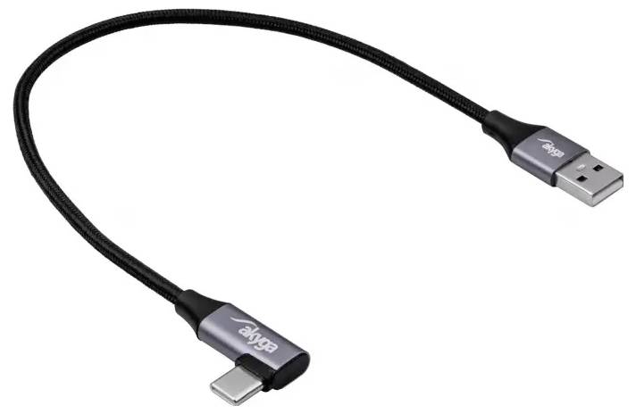 Černý USB kabel s USB-A konektorem a USB-C konektorem, vhodný pro připojení zařízení s různými typy konektorů.