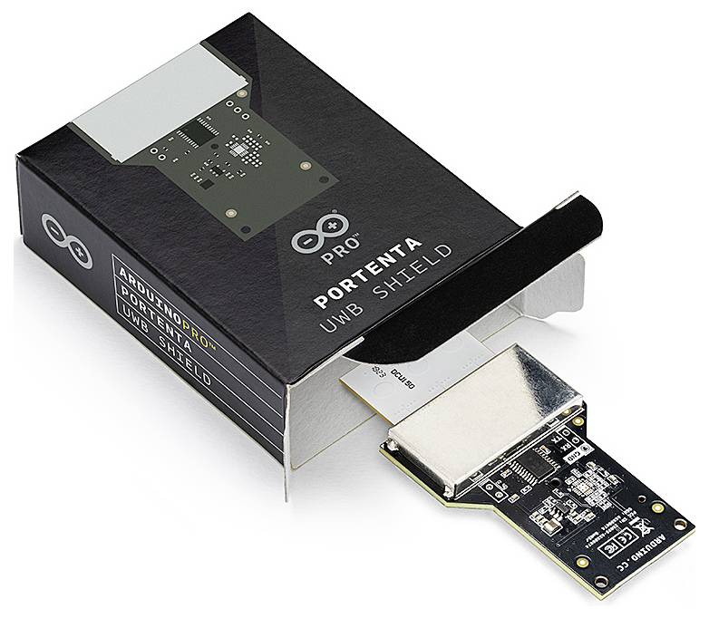 Arduino Pro Portenta USB štít částečně rozbalený v produktovém obalu, s důrazem na hlavní desku a konektory.