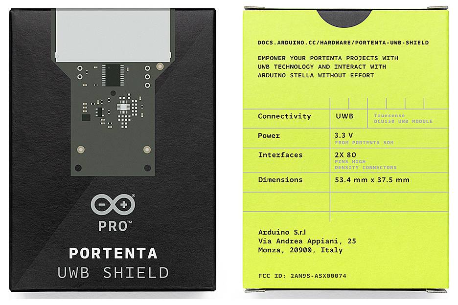 'Portenta UWB Shield': Přední strana obalu zobrazuje logo Arduino, zadní strana uvádí specifikace jako 'Konektivita: UWB', 'Napájení: 3,3V' a kontaktní informace společnosti Arduino S.r.l.