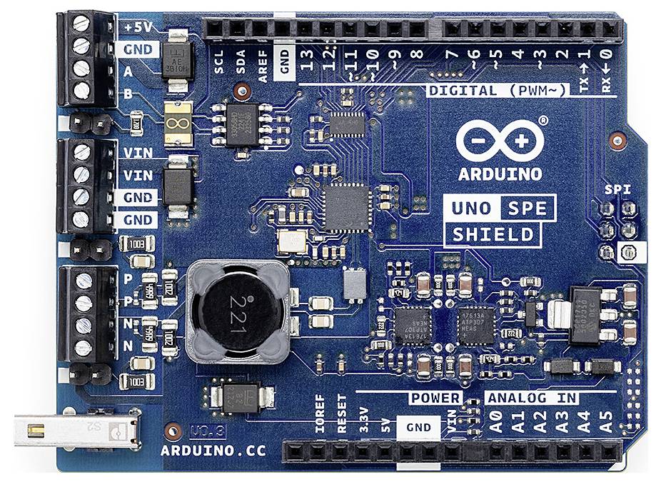 Fotografie specializované desky Arduino Uno. Na modré desce plošných spojů jsou viditelné různé konektory a komponenty.