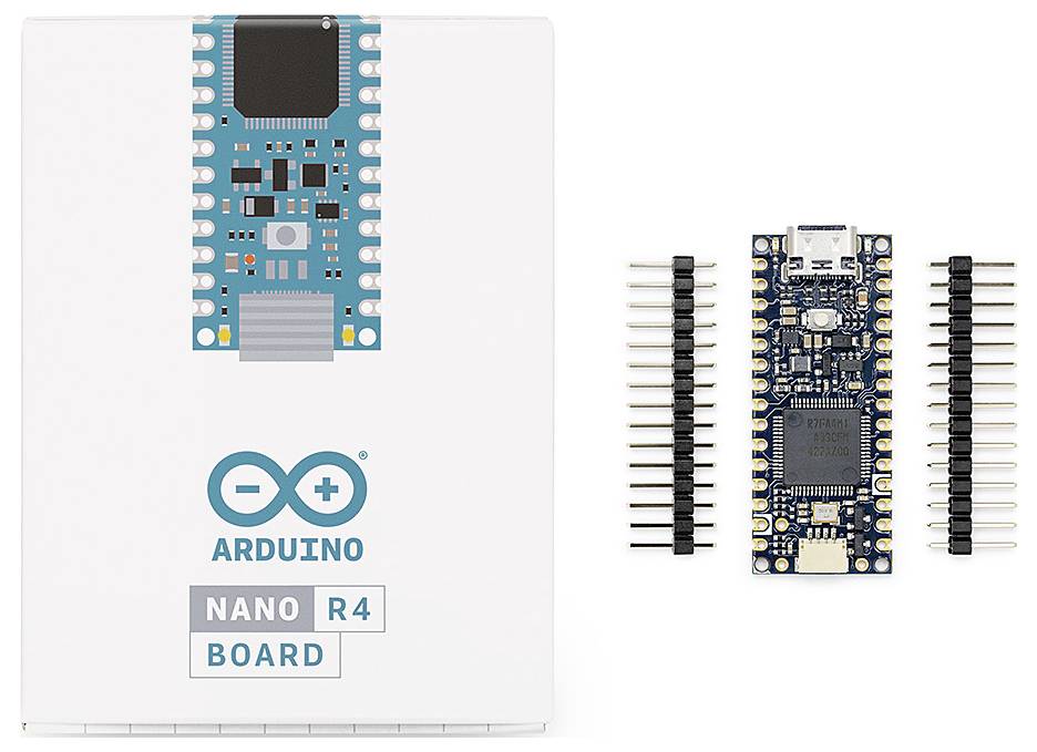 Arduino Nano R4 deska s kolíky. Obal ukazuje design produktu a logo. Určeno pro elektronické projekty a programování.