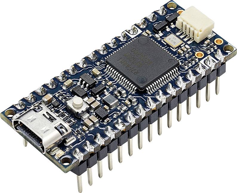 Mikrokontrolérová deska s USB portem a několika piny; často slouží k řízení elektronických projektů nebo prototypů.