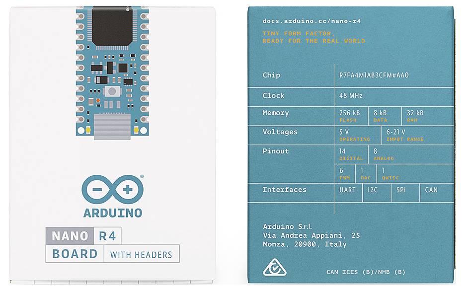 Arduino Nano R4 balení ukazuje specifikace: 48 MHz procesor, 256 kB paměti, napětí 6-21 V, 18 pinů.