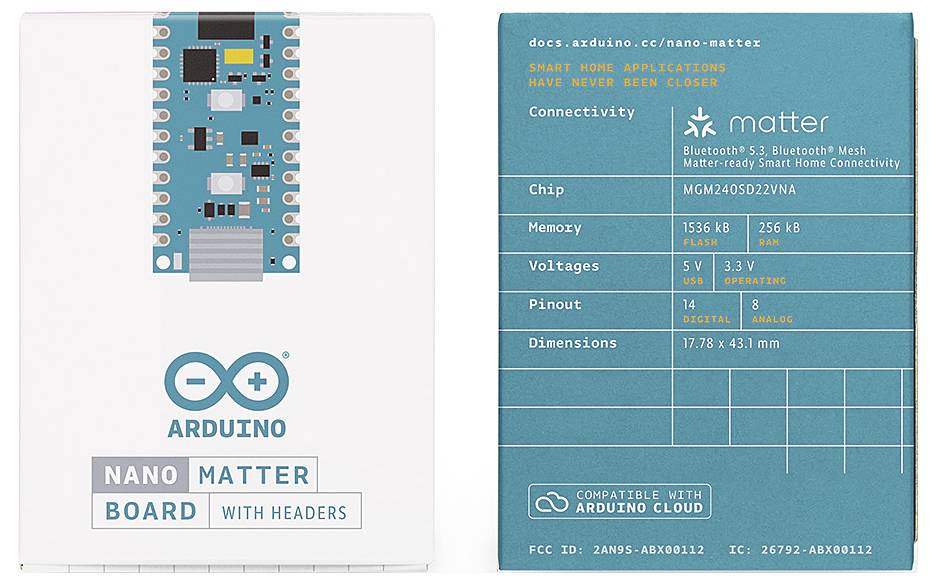 Arduino Nano Matter Board s patice: Bluetooth 5.3, chytré domácí aplikace, MGM240SD22VNA čip, napájecí napětí 3,3 V.