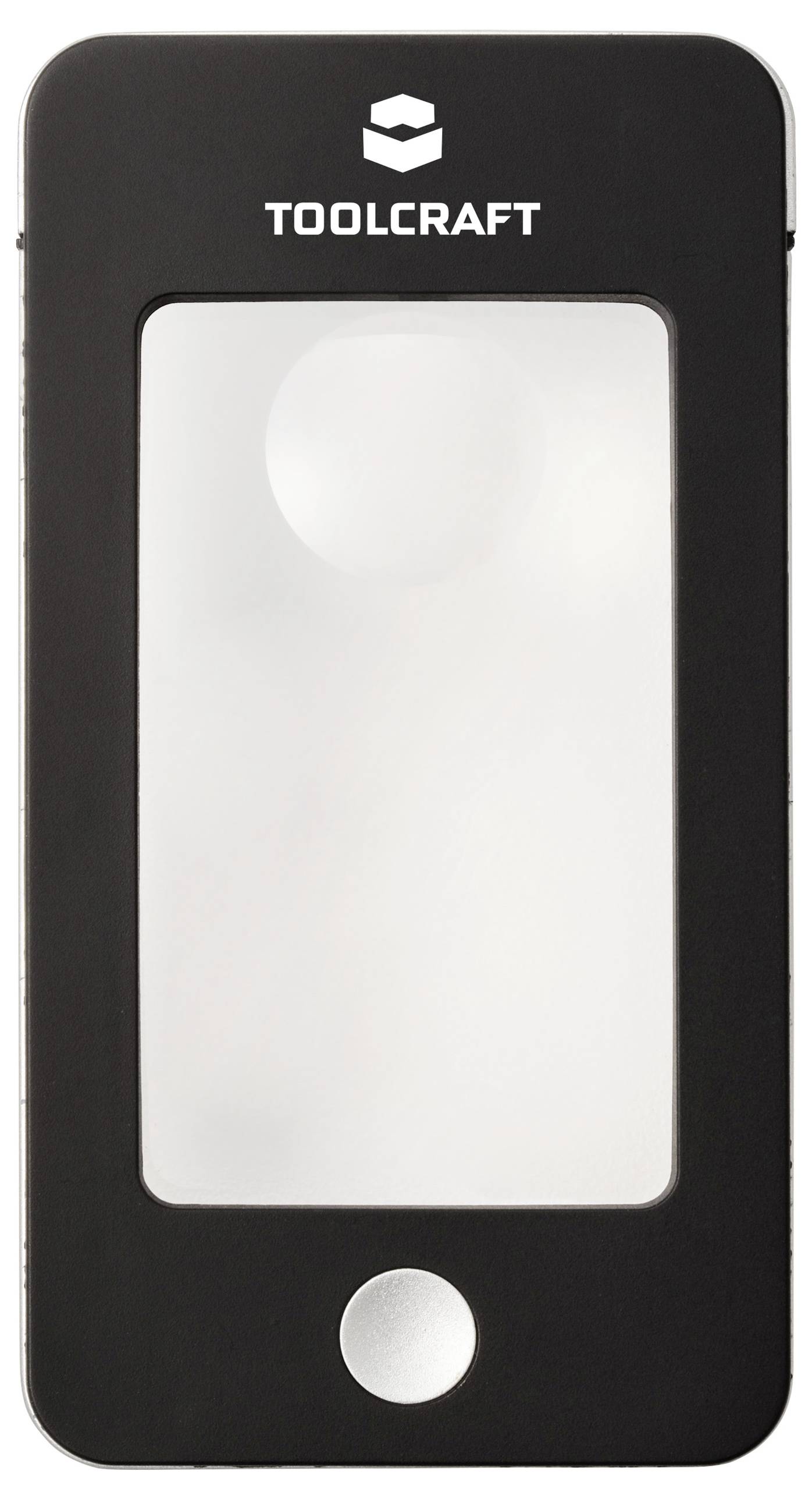 Černá obdélníková lupa s logem značky 'TOOLCRAFT' v horní části, vybavená velkým, průhledným sklem a kulatým tlačítkem pod ním.