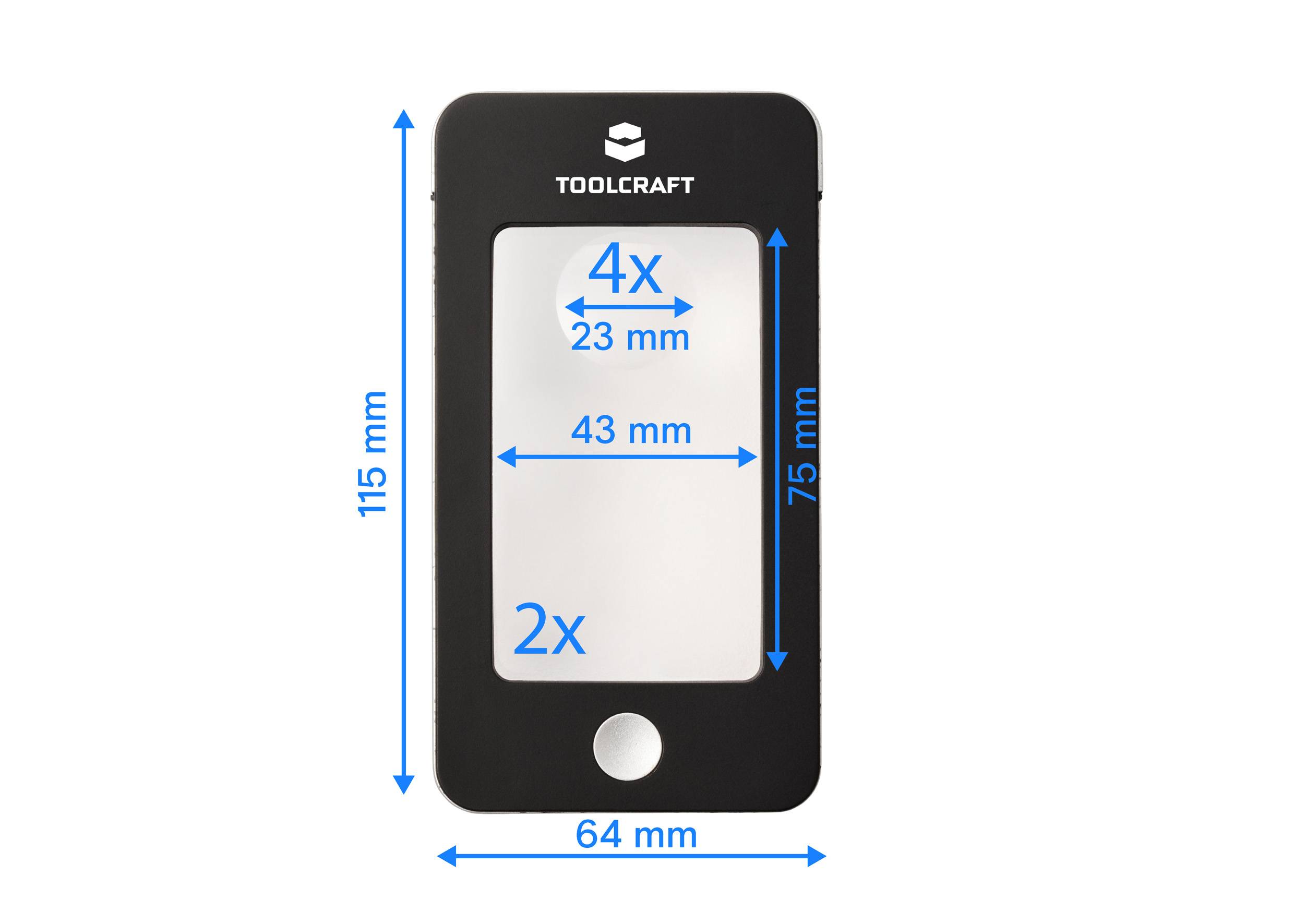 Černobílá lupa ve formě karty zobrazující zvětšení 4x a 2x, s vyznačenými rozměry 115 mm × 64 mm.