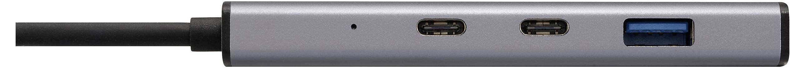 Kovový rozbočovač s černým kabelem obsahuje dva porty USB-C a jeden modrý port USB-A.