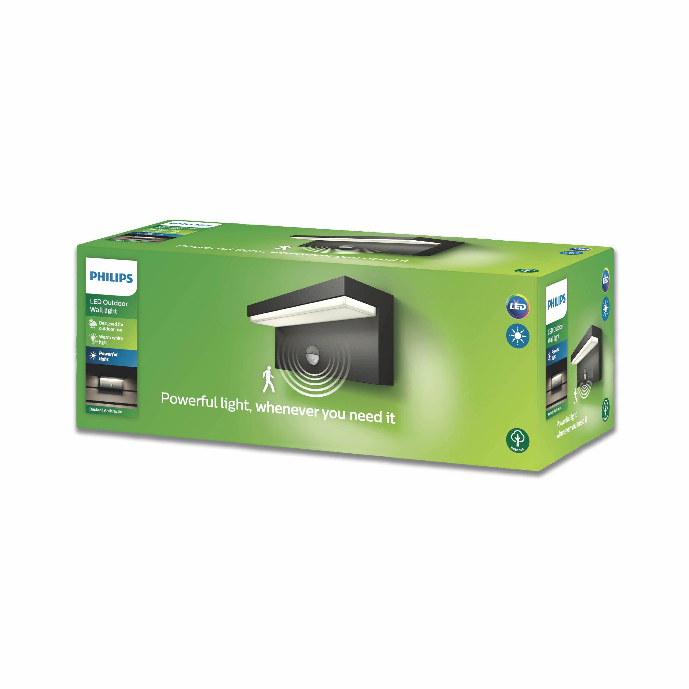 Obal LED venkovní lampy Philips s pohybovým senzorem. Slogan 'Silné světlo, kdykoli ho potřebujete.' Obrázek lampy.