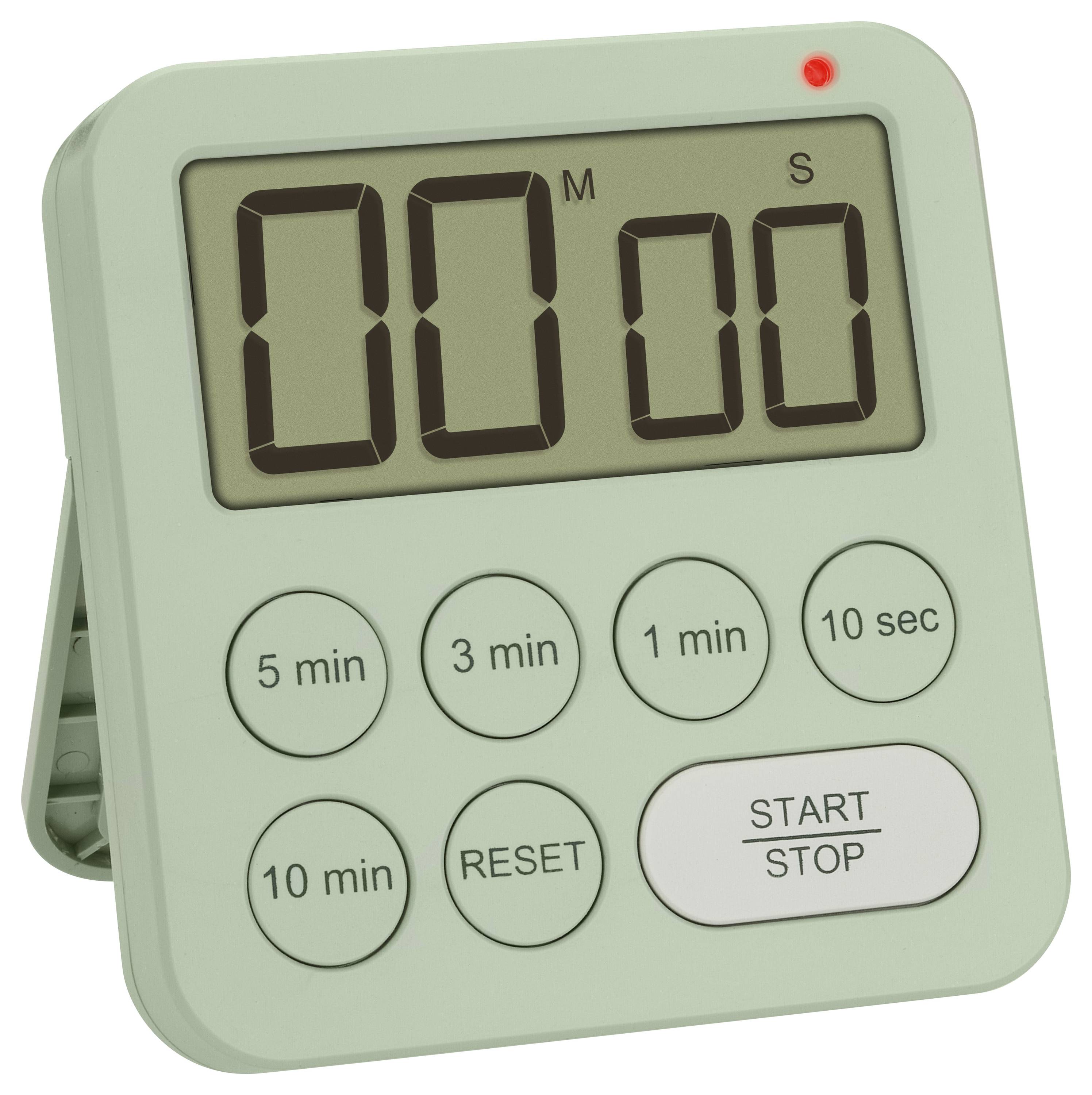 Digitální kuchyňský časovač se zeleným pouzdrem zobrazuje '00:00'. Tlačítka pro nastavení odpočtu (5 min, 3 min, atd.) a 'Start/Stop'.