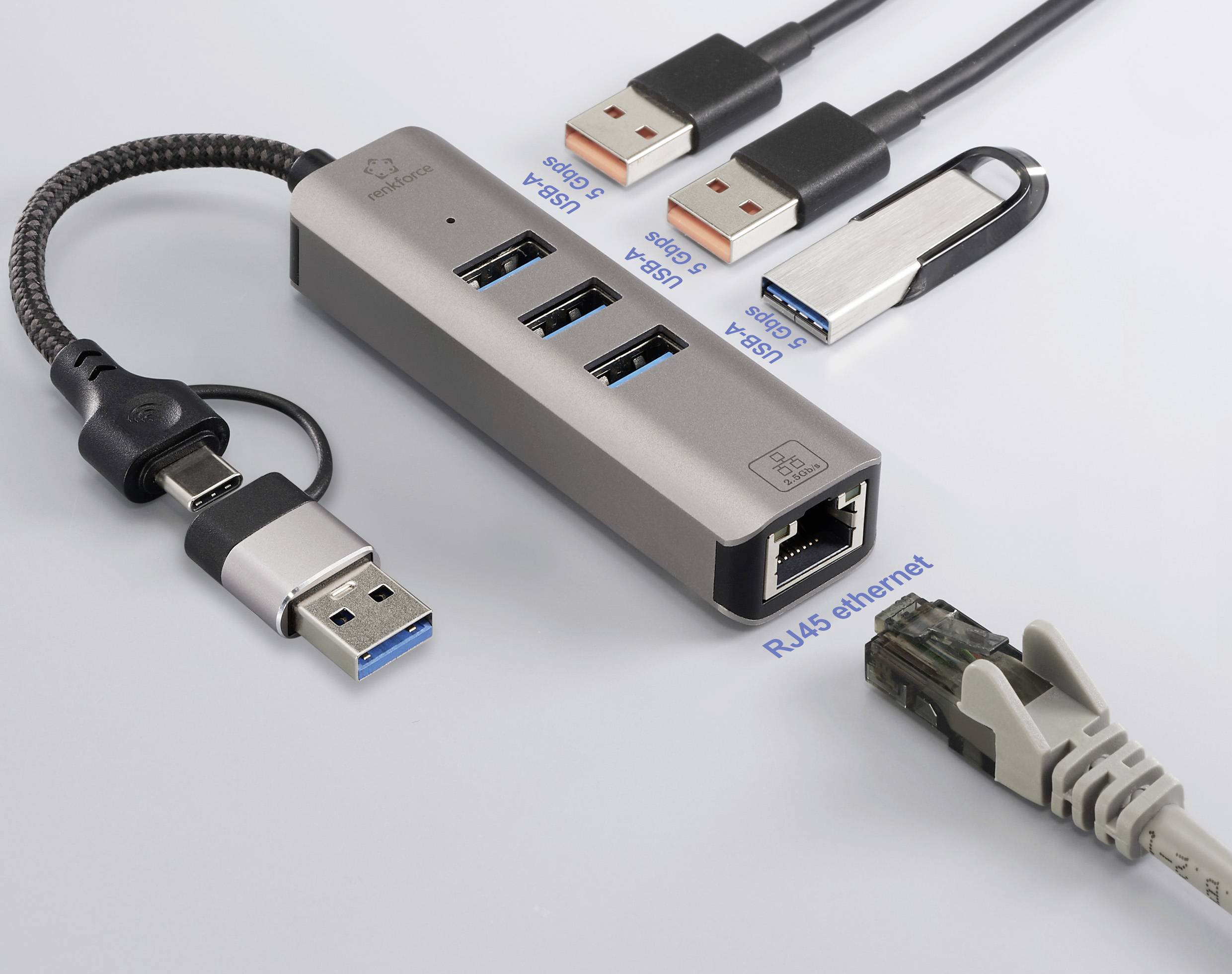 Adaptér USB se třemi porty USB 3.0, portem RJ45 Ethernet a opletaným kabelem. Jsou zobrazeny připojené USB kabely a ethernetový kabel.