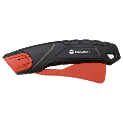 Červeno-černý víceúčelový nůž značky Toolcraft s vysouvací čepelí a ergonomickou rukojetí.