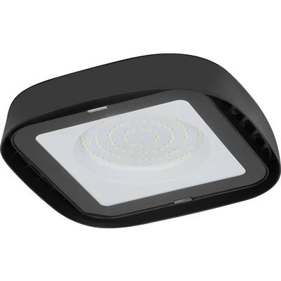 Černé LED svítidlo s obdélníkovým tvarem a několika malými, kruhově uspořádanými světelnými body na bílém pozadí.