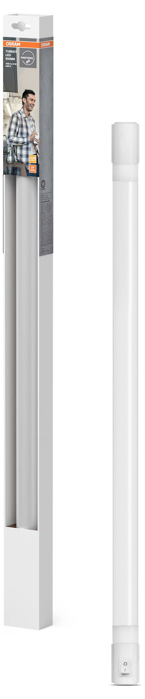 Balená LED trubice, 120 cm, studeně bílé světlo, vhodná do interiérů, třída energetické účinnosti A+, zobrazená vedle obalu.