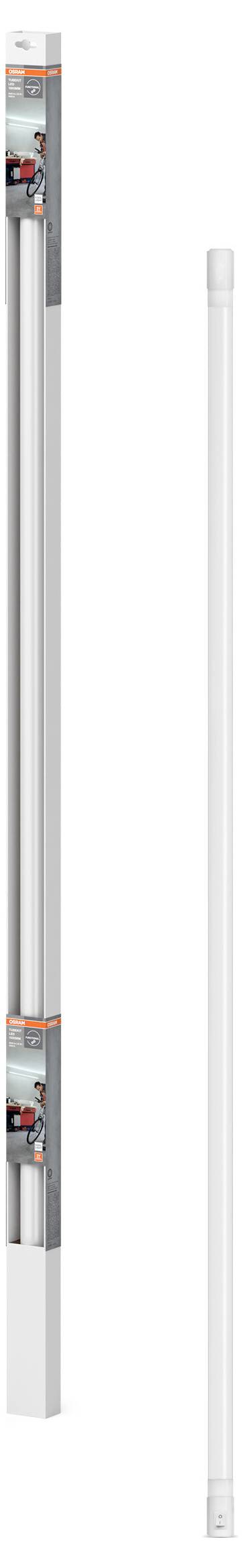 LED-stabilní svítidlo v balení a vybalené. Dlouhý, bílý design, vhodné pro vnitřní osvětlení.