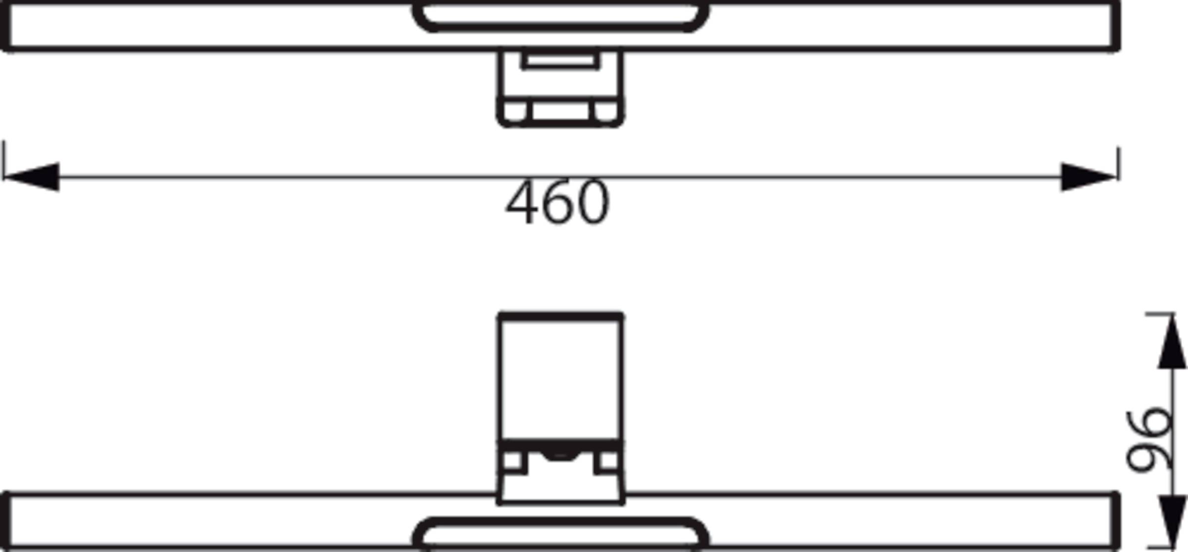 Technický výkres obdélníkového objektu s rozměry: šířka 460 mm, výška 96 mm. Zobrazeny boční pohled a spodní pohled.