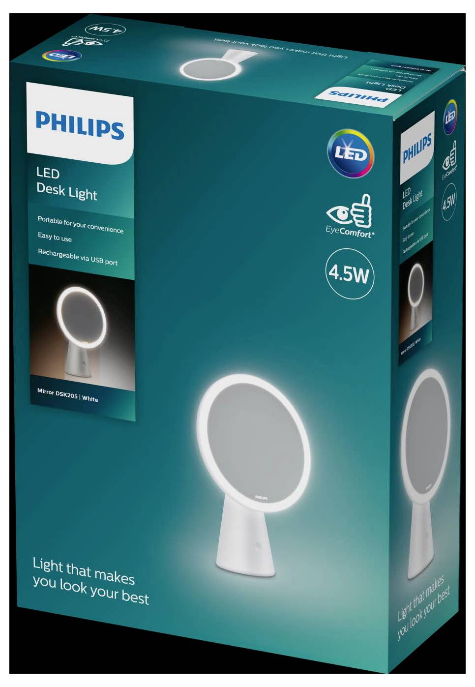 LED stolní lampa od Philips v balení, modrá s bílým světelným kruhem. Funkce: přenosná, snadné použití, USB nabíjecí konektor, výkon 4,5W.