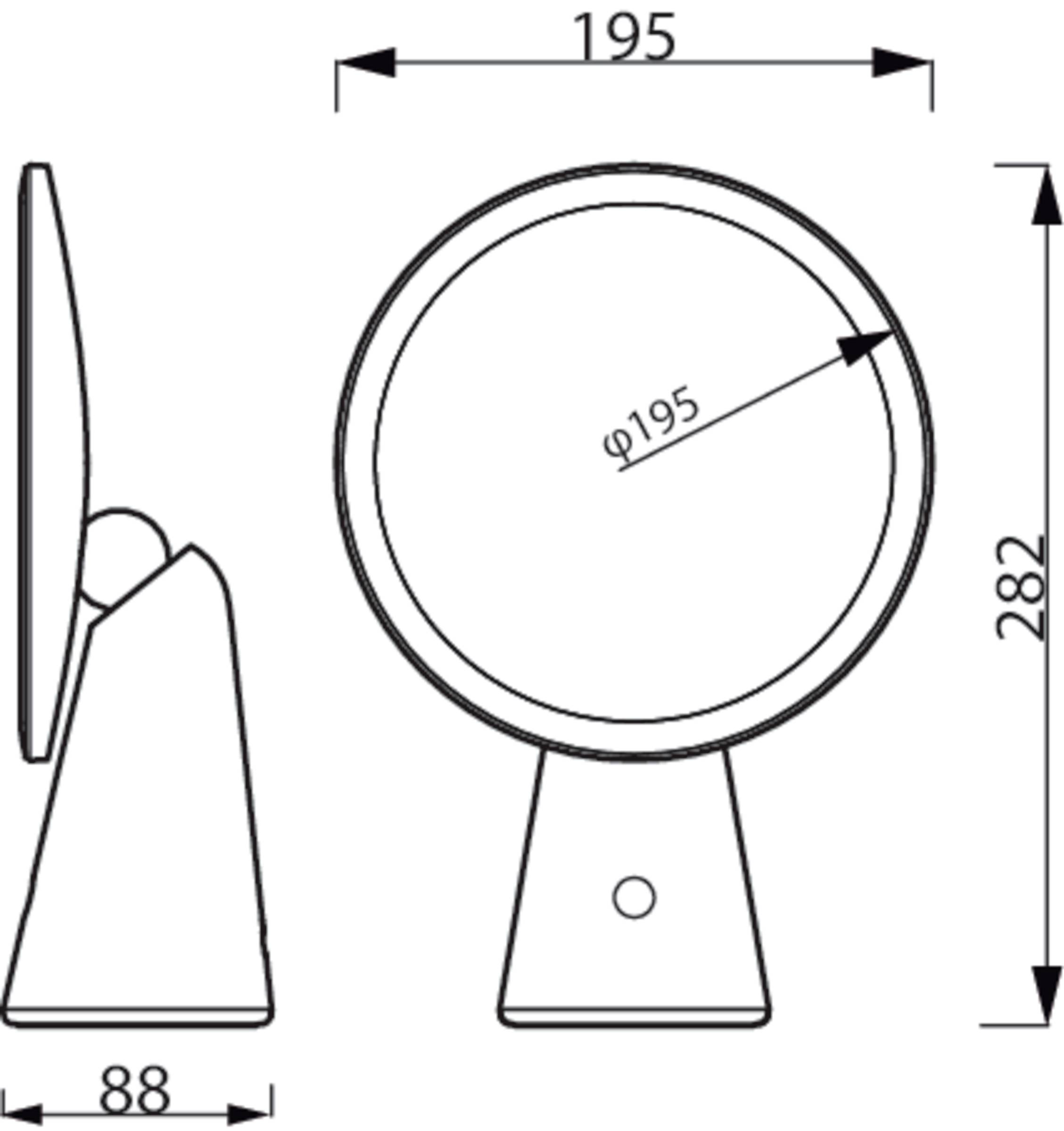 Kulaté kosmetické zrcadlo s průměrem 195 mm a celkovou výškou 282 mm. Boční pohled ukazuje silnou základnu.