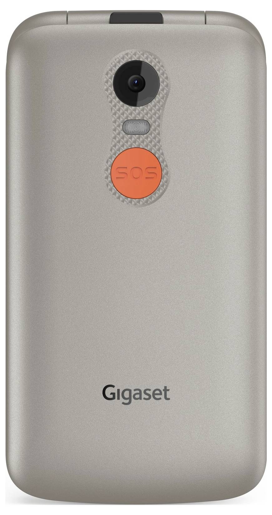 Stříbrný mobilní telefon zezadu s kamerou a červeným tlačítkem 'SOS' pod objektivem, název značky dole na zadní straně.