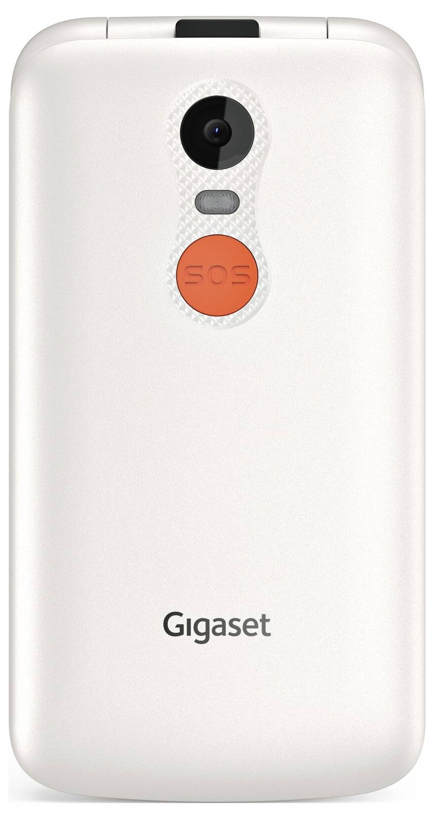 Bílý mobilní telefon zezadu s oranžovým tlačítkem SOS pod fotoaparátem.