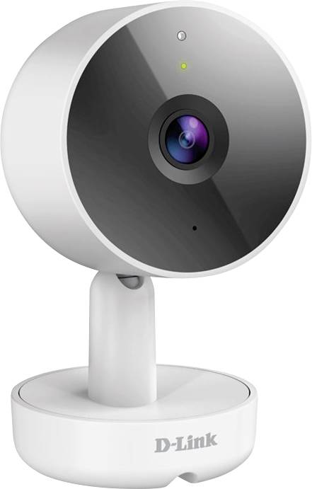 Bílá bezpečnostní kamera D-Link s kulatým černým předním panelem a integrovaným objektivem na stojanu.