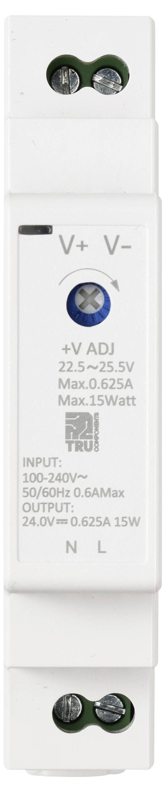 Bílý elektrický přístroj se vstupem 100-240V, 50/60Hz a výstupem 24,0V-0,625A, 15W. Je opatřen značkami pro nastavení napětí a připojení.