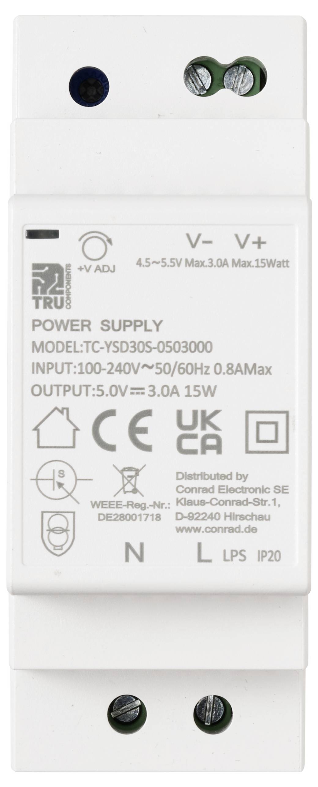 'TRU Components' napájecí modul s parametry: Model TC-YSD30S-0503000, vstup 100-240V, výstup 5V/3A, max. 15W.