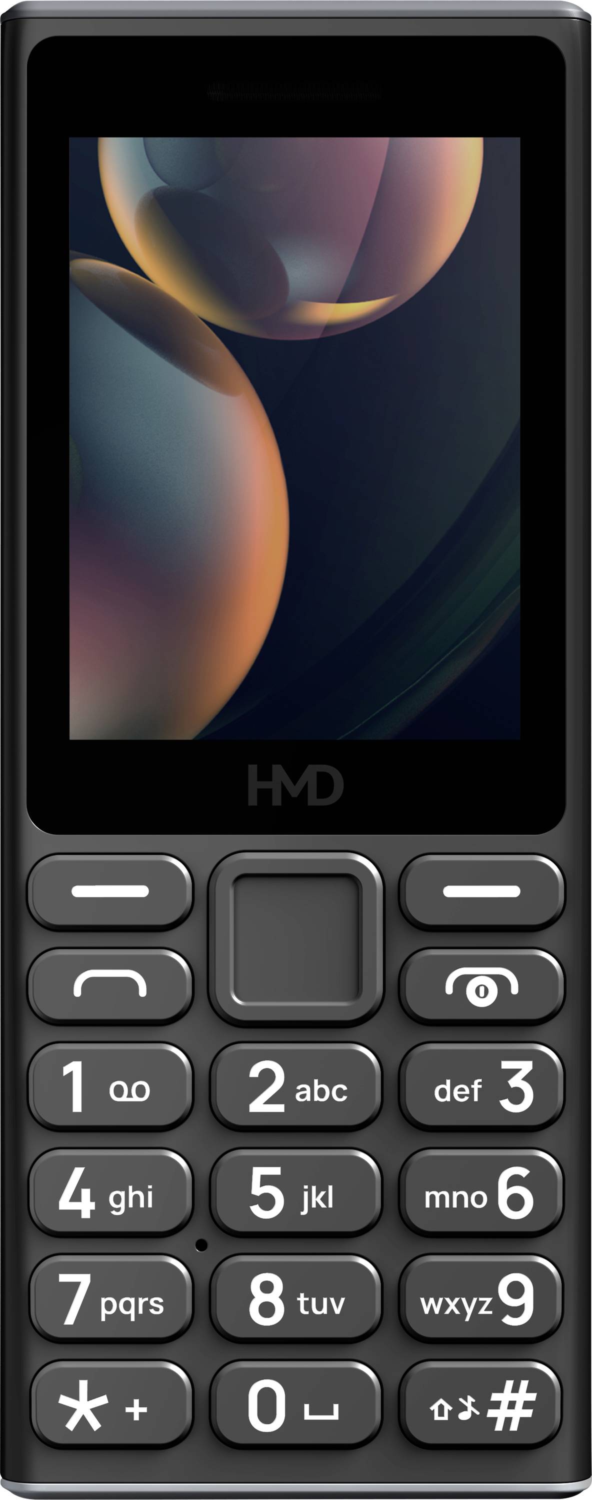Černý tlačítkový telefon s malým displejem, pod ním klávesnice s číselnými a funkčními tlačítky.