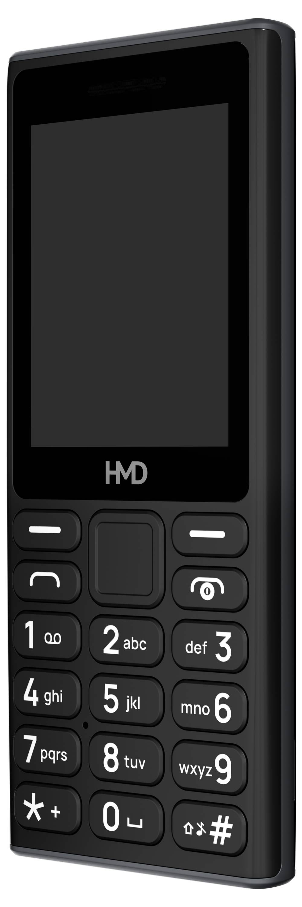 Jednoduchý mobilní telefon v černé barvě s klávesnicí a malým displejem, logo HMD pod obrazovkou.