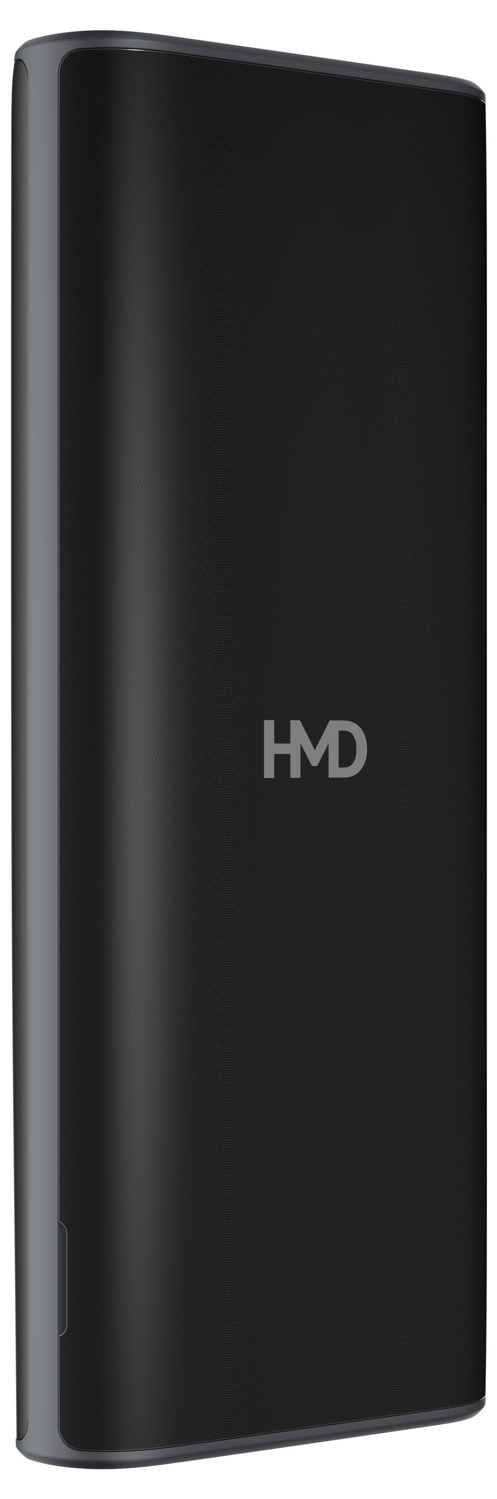 Černá powerbanka s lesklým logem 'HMD' uprostřed. Štíhlý, moderní design bez viditelných konektorů nebo tlačítek.
