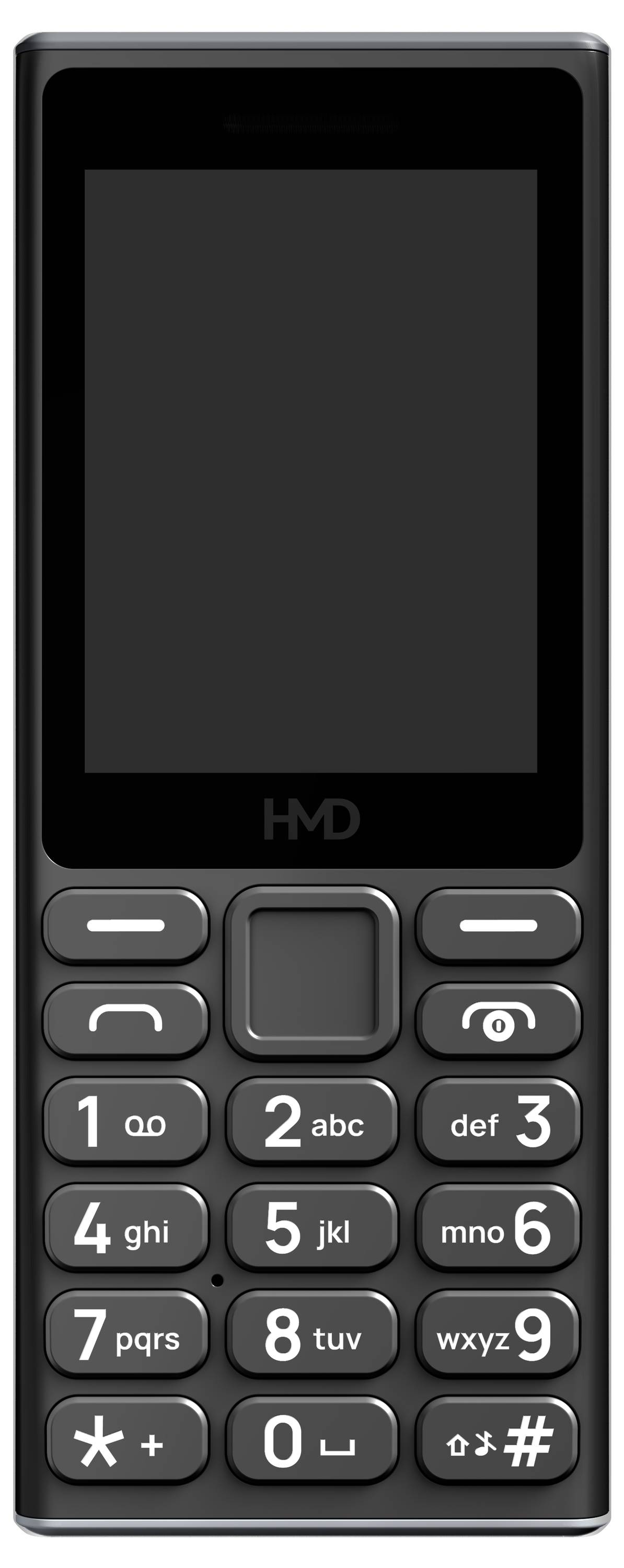 Černý tlačítkový telefon s jednoduchým designem, numerickou klávesnicí a malým displejem.