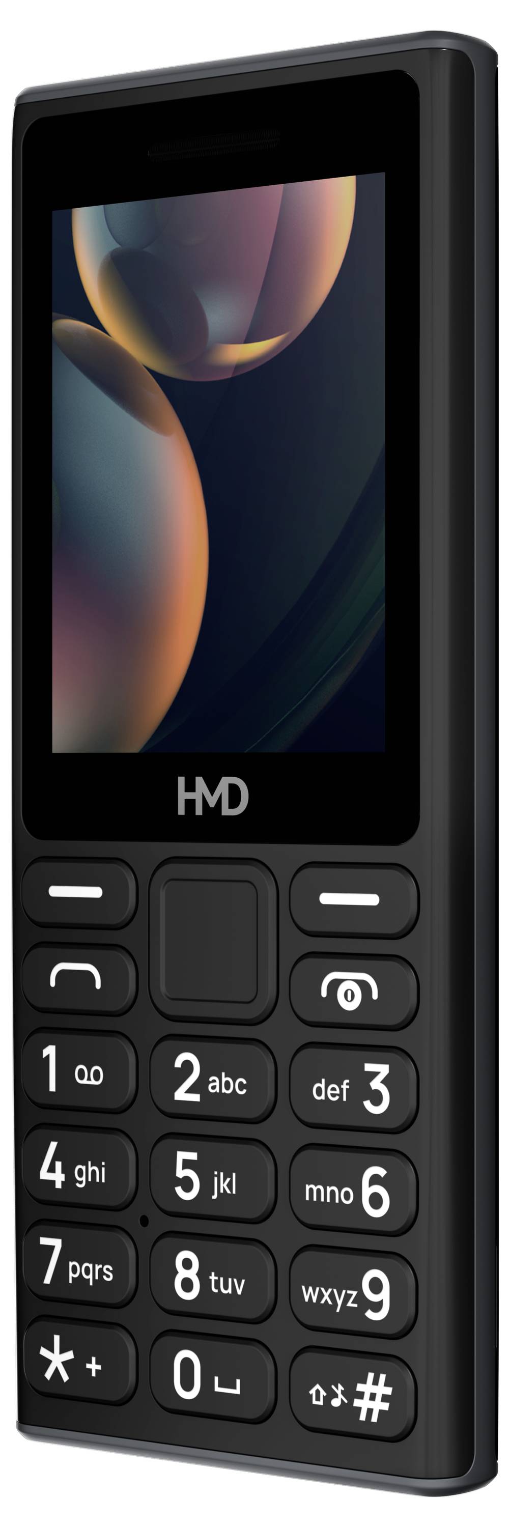 Jednoduchý mobilní telefon s klávesnicí, malým displejem a logem značky HMD nad tlačítky.