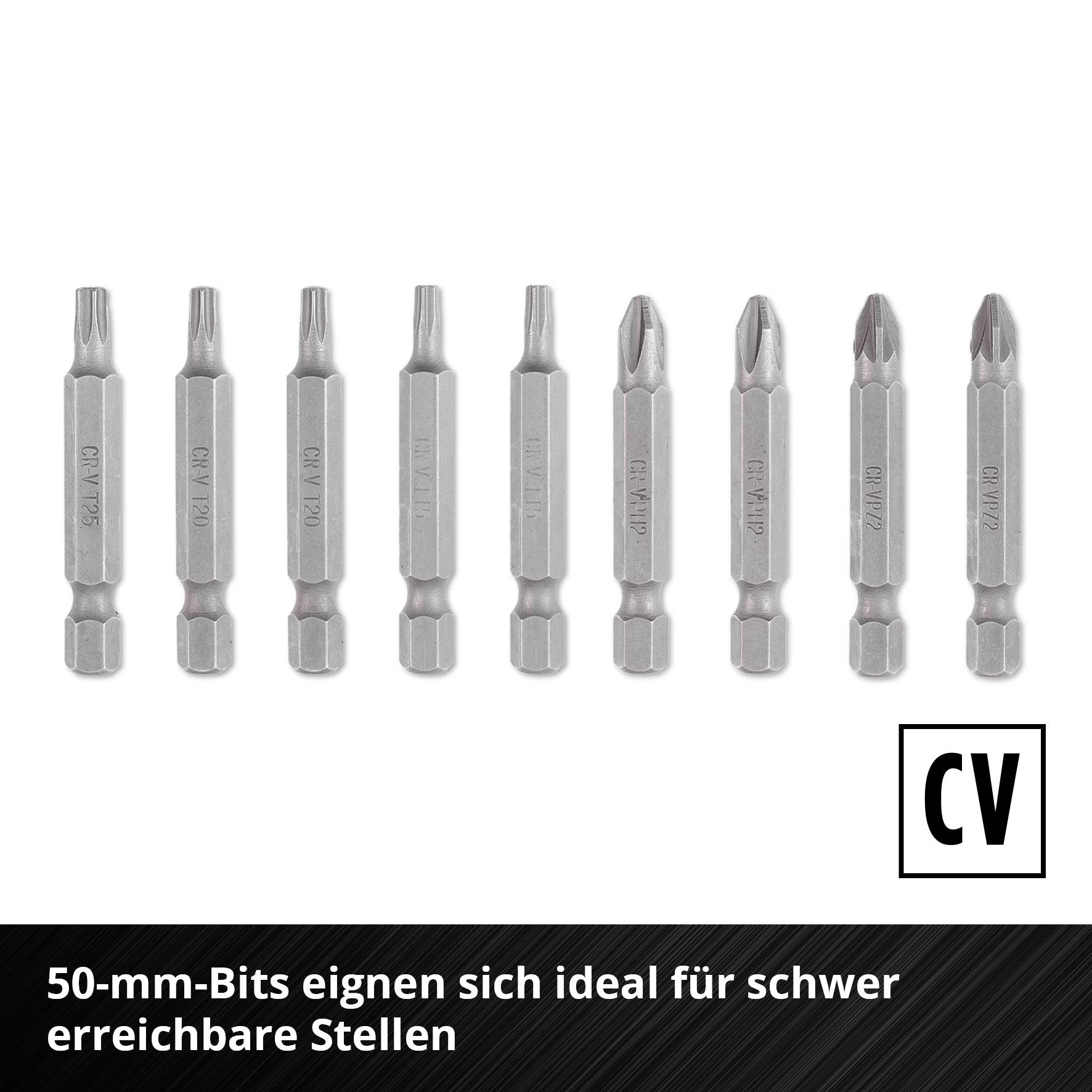 Sada devíti 50mm bitů, každý navržený pro specifické úkoly, na bílém pozadí; text popisuje jejich vhodnost pro těžko dostupná místa.