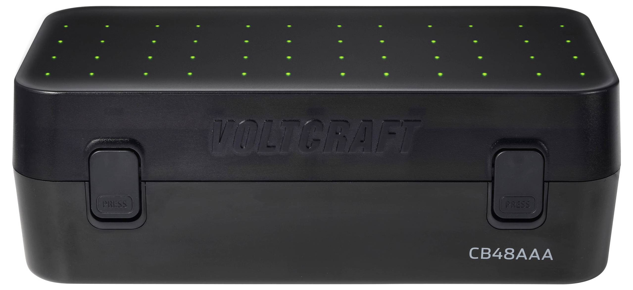 Černá nabíječka baterií Voltcraft CB48AAA se zavřeným víkem, která zobrazuje více zelených stavových LED diod a přední zámky pro uvolnění.