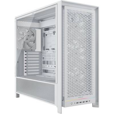 Bílý počítačový věžový kryt s perforovaným předním panelem, průhlednou stranou zobrazující ventilátor a sloty základní desky a různými porty na spodní straně.