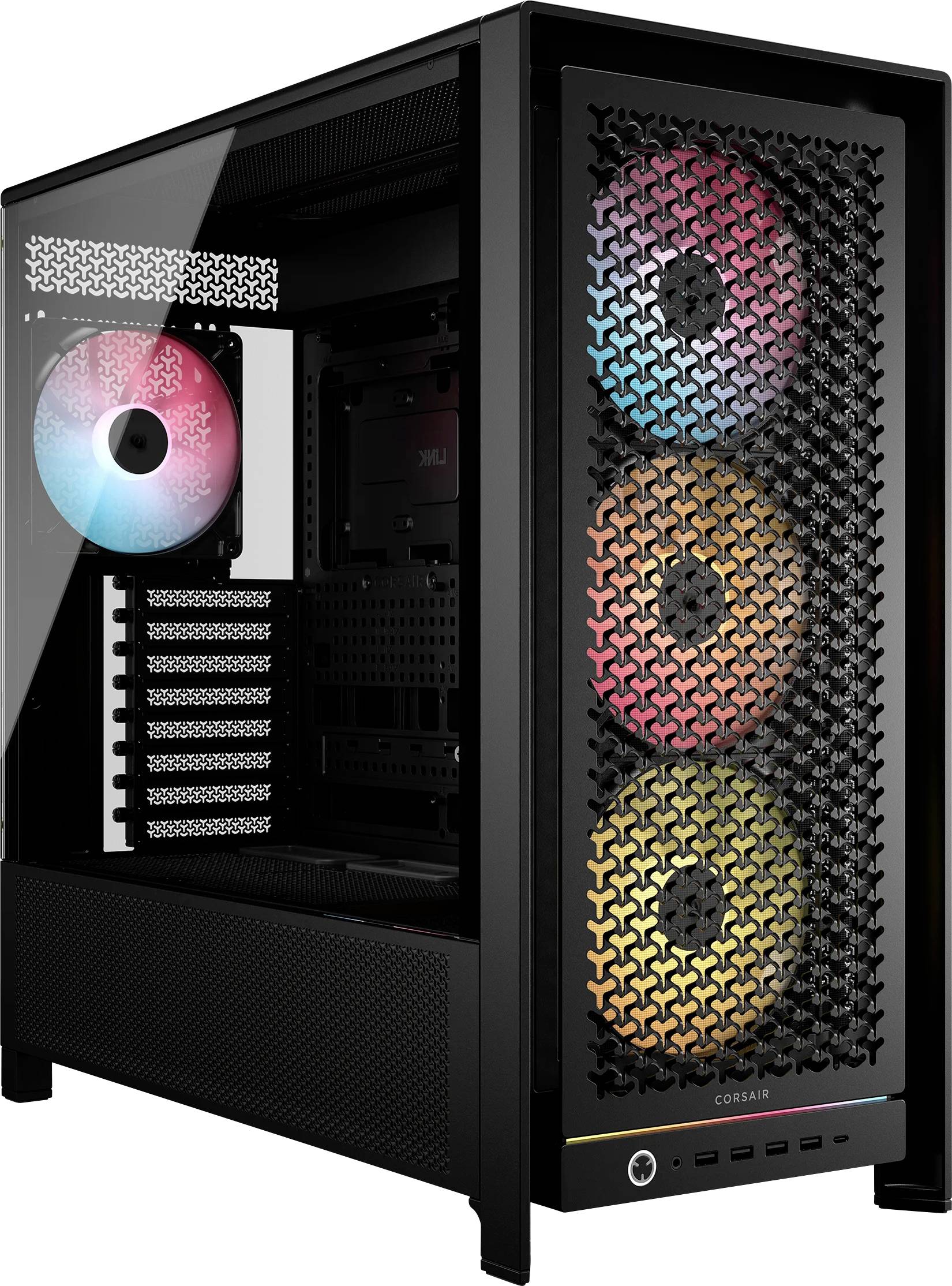 Černý počítačový case s čelním panelem z mřížky odhalující tři RGB ventilátory a s jedním otevřeným bočním panelem, který ukazuje prázdný vnitřní prostor.