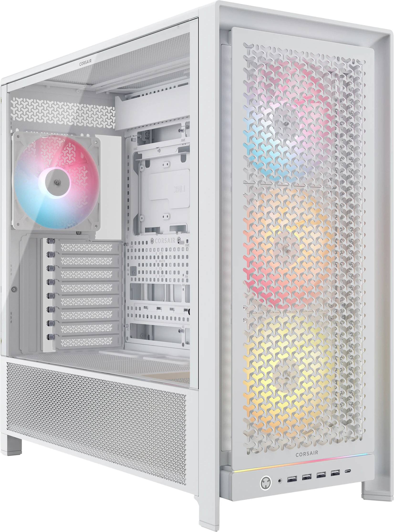 Bílý počítačový case s viditelnými RGB ventilátory a průhledným bočním panelem. Case je prázdný a ukazuje sloty pro komponenty a připojení.