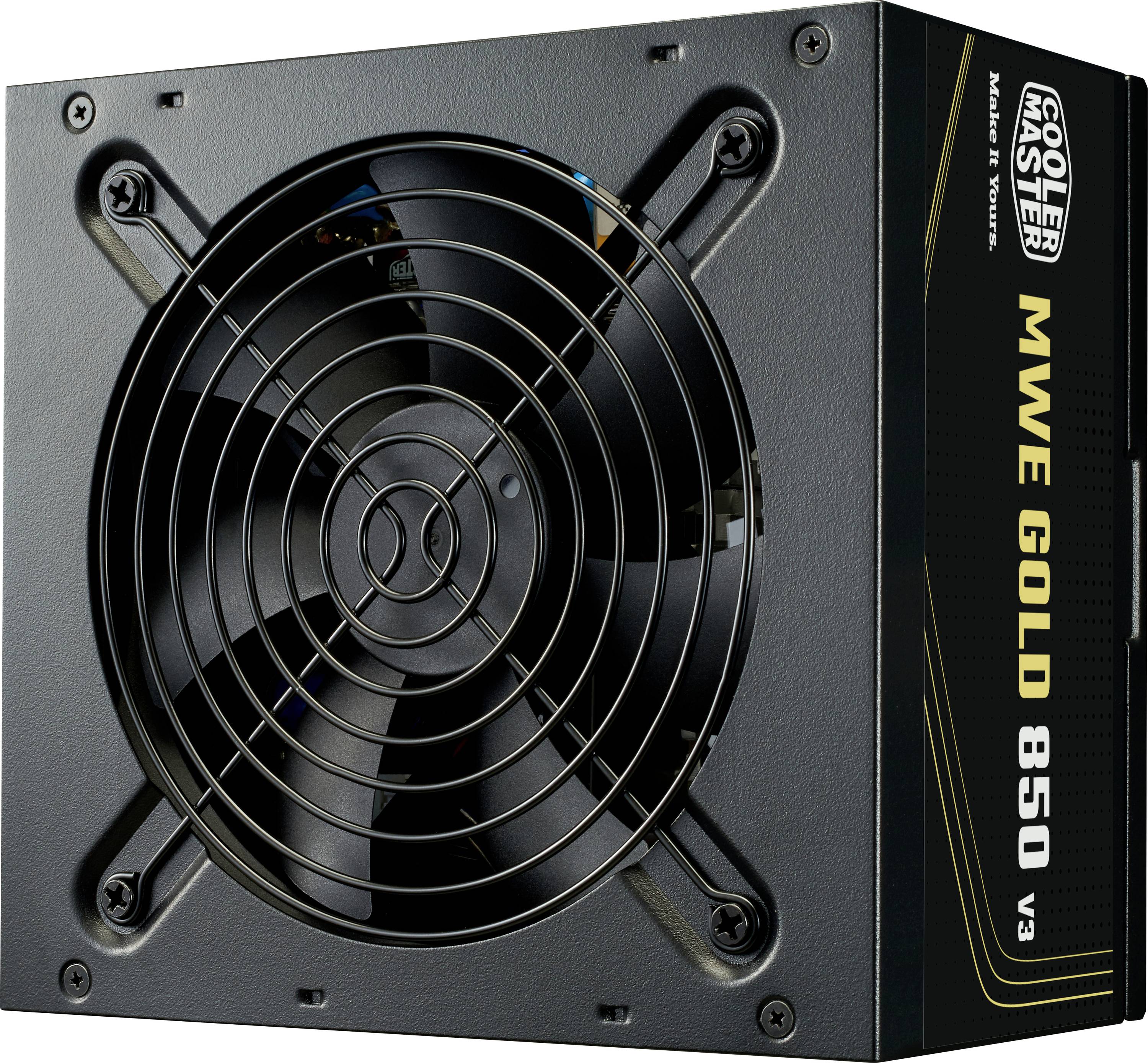 Černá napájecí jednotka Cooler Master MWE Gold 850 V3 s viditelným ventilátorem a štítkem modelu na boku.