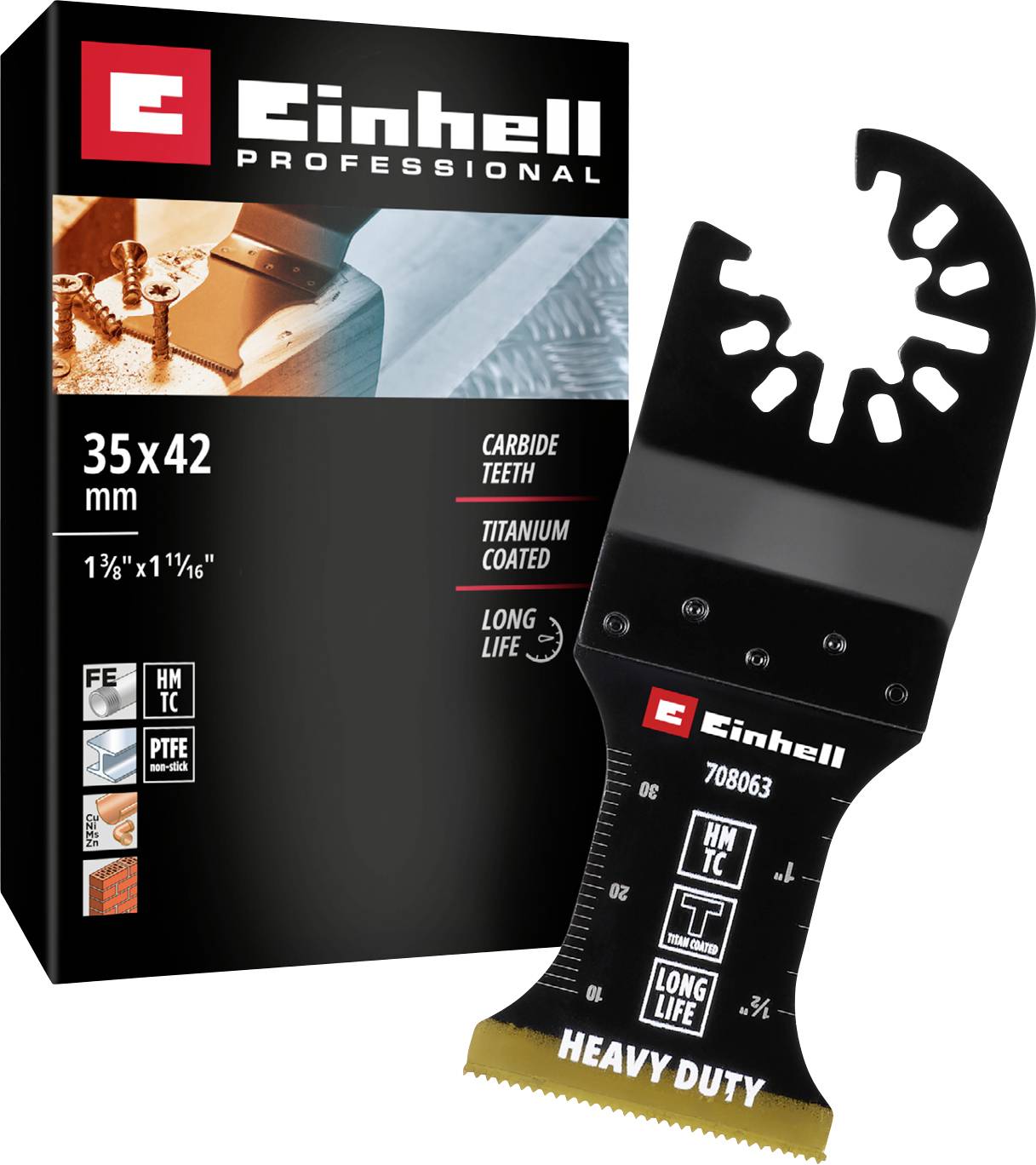 Einhell profesionální pilový list s titanovými karbidovými zuby, 35x42 mm, vhodný pro náročné aplikace, odolný s přesným řezem.