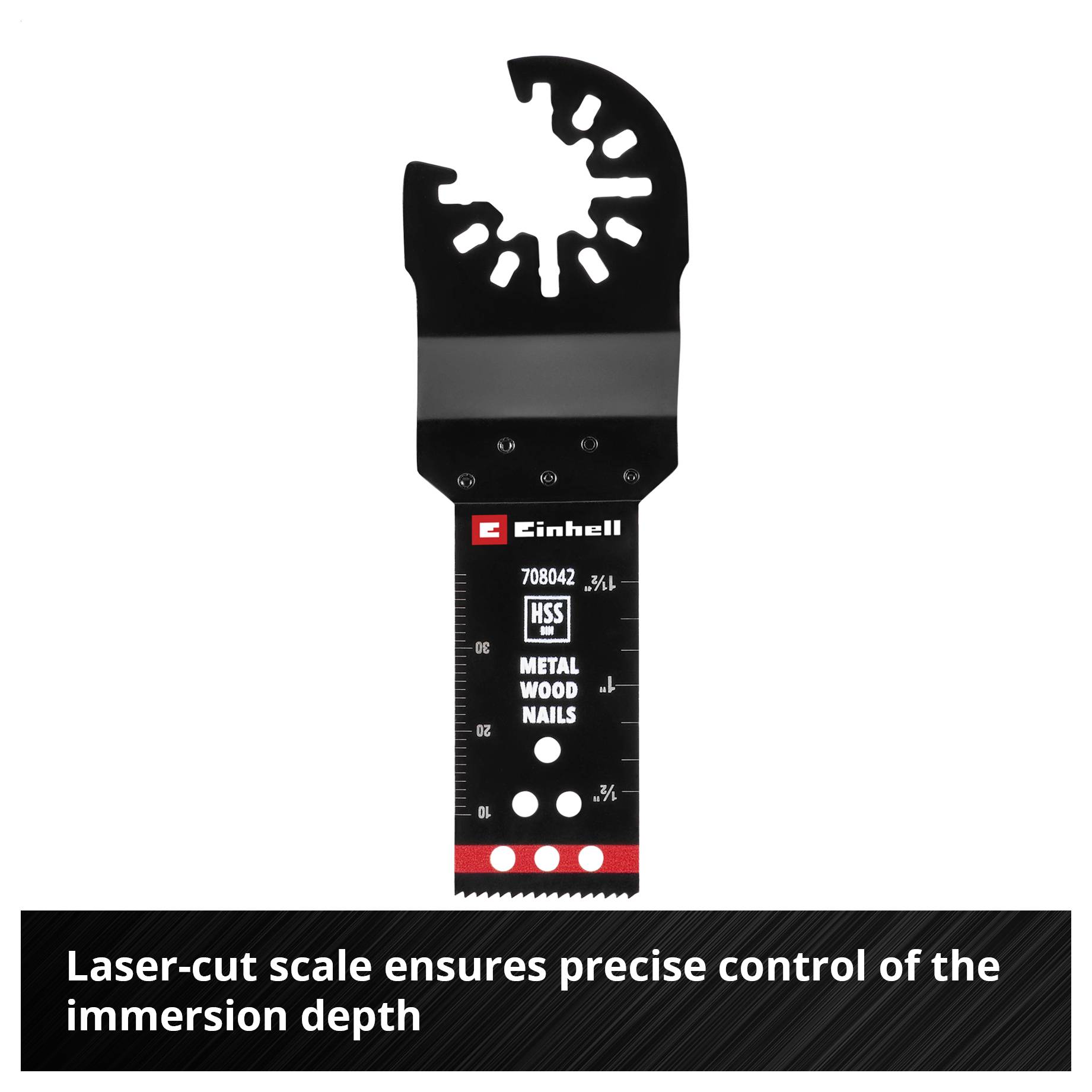 Multifunkční pilový list s laserem řízenou stupnicí pro přesnou kontrolu hloubky ponoru. Vhodný pro kov, dřevo a hřebíky.