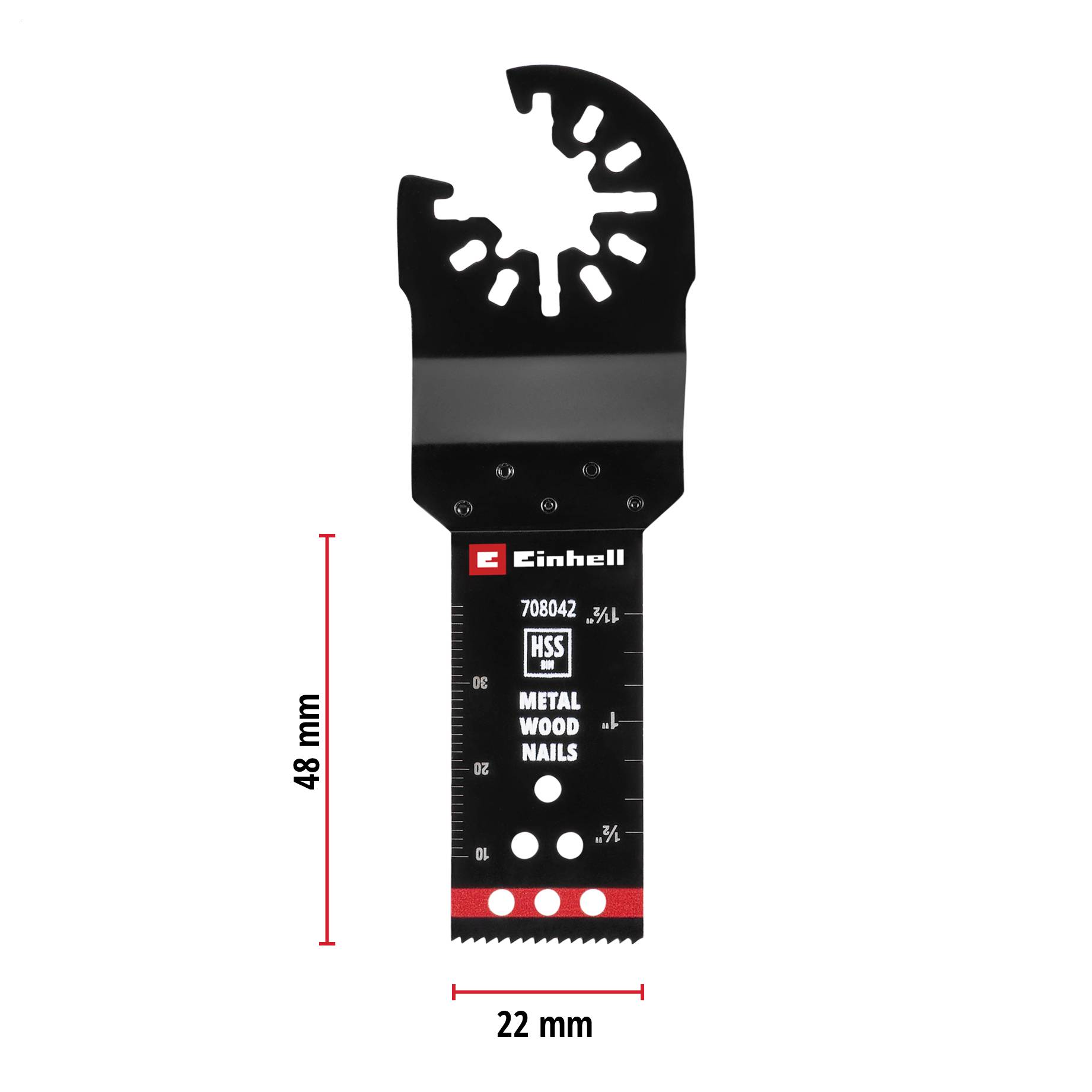 Multifunkční pilový list pro oscilující nástroje, vhodný pro kov a dřevo, délka 48 mm, šířka 22 mm, označený.