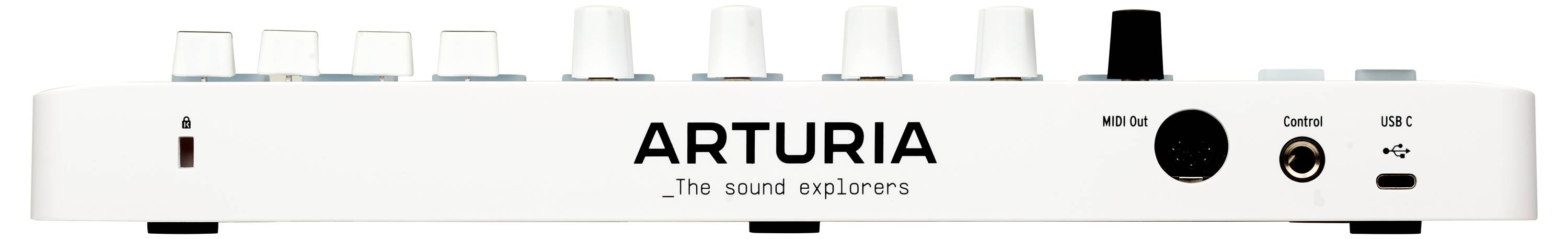 Elektronické zařízení s nápisem 'ARTURIA' a podtitulem 'The sound explorers', zobrazuje zadní stranu s konektory pro MIDI, Control a USB.