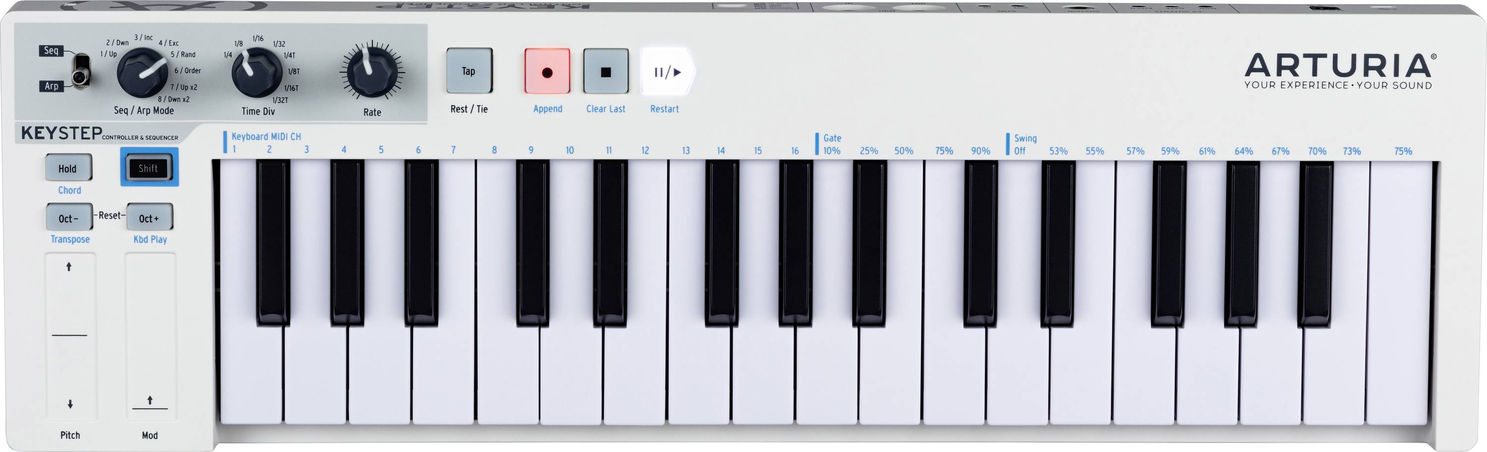 Elektronické MIDI klávesy s 32 klávesami, otočnými knoflíky pro ovládání a tlačítky pro transportní funkce.