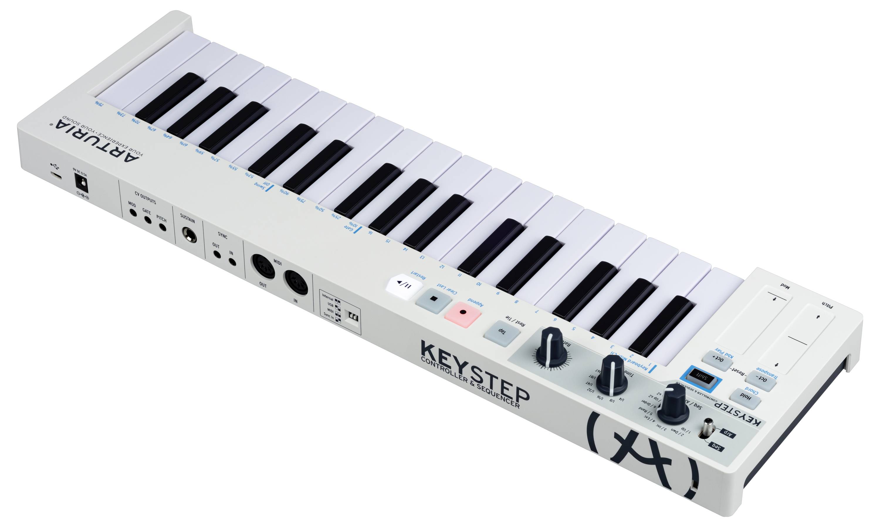 Kompaktní MIDI klávesy s 32 klávesami, ovladači a konektory pro hudební produkci a živé vystoupení.