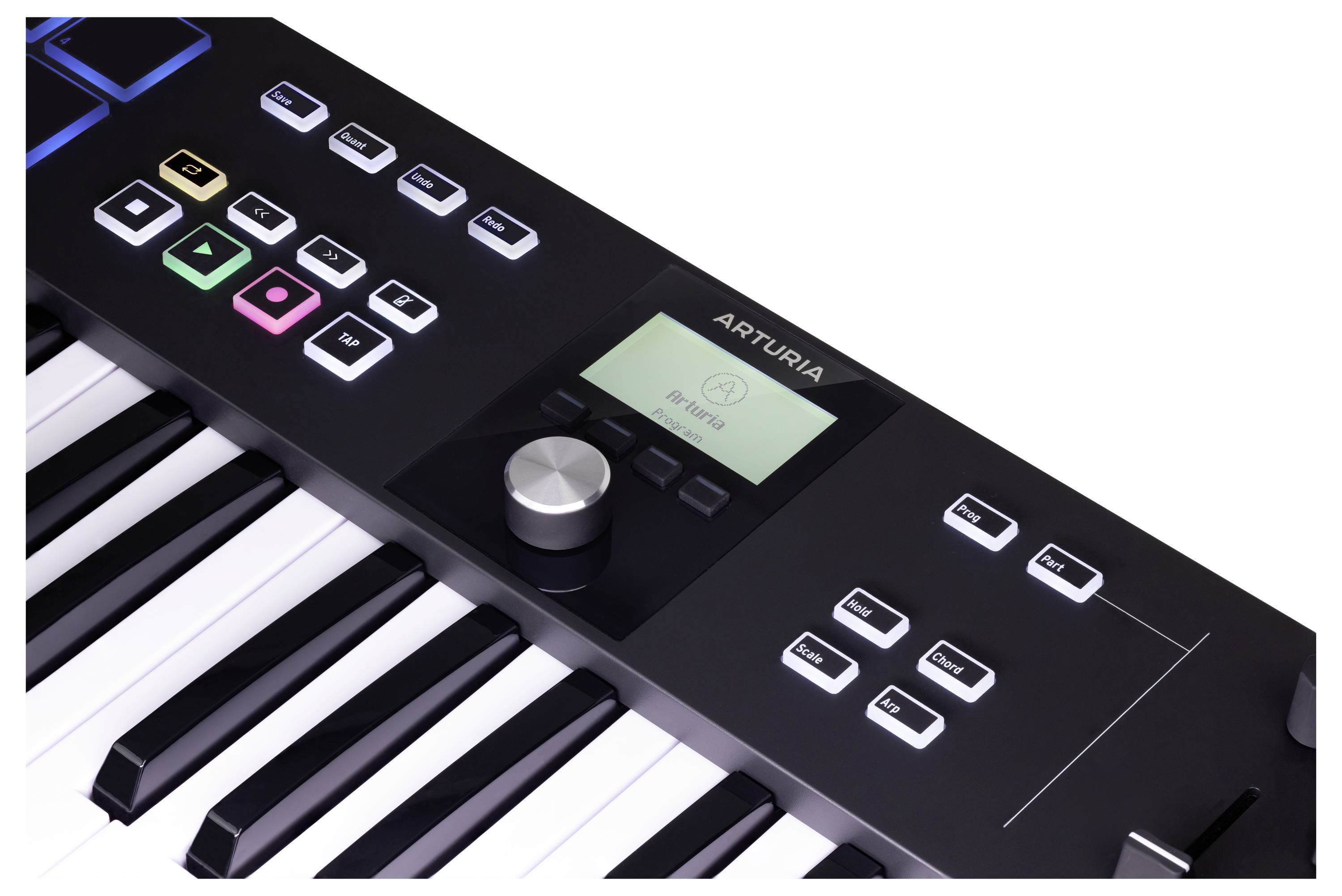 Černá MIDI klávesnice s podsvícenými klávesami a displejem, zobrazuje značku 'Arturia', ideální pro hudební produkci a živá vystoupení.