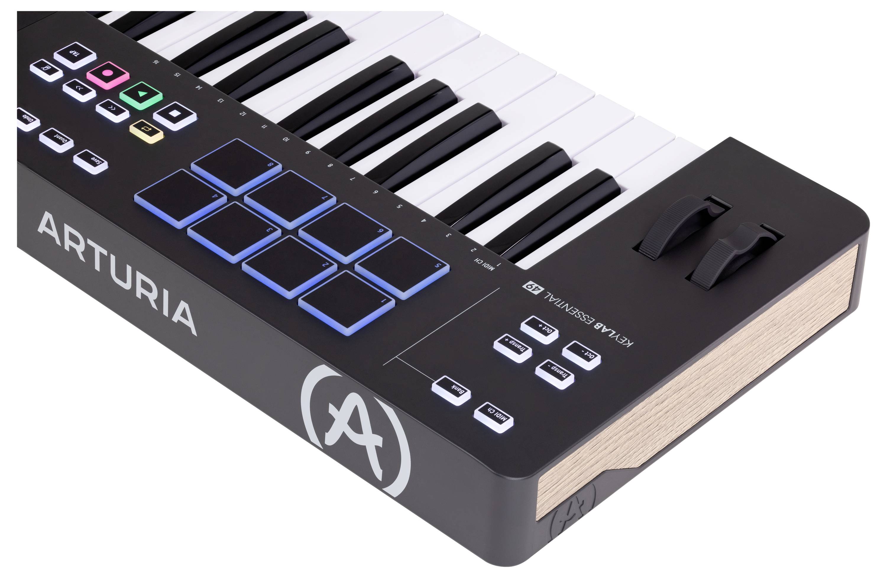 MIDI kontroler klávesnice s klávesami, pady a ovladači. Značka 'Arturia'. Pravá strana ukazuje dřevěný boční díl a pitch wheel.