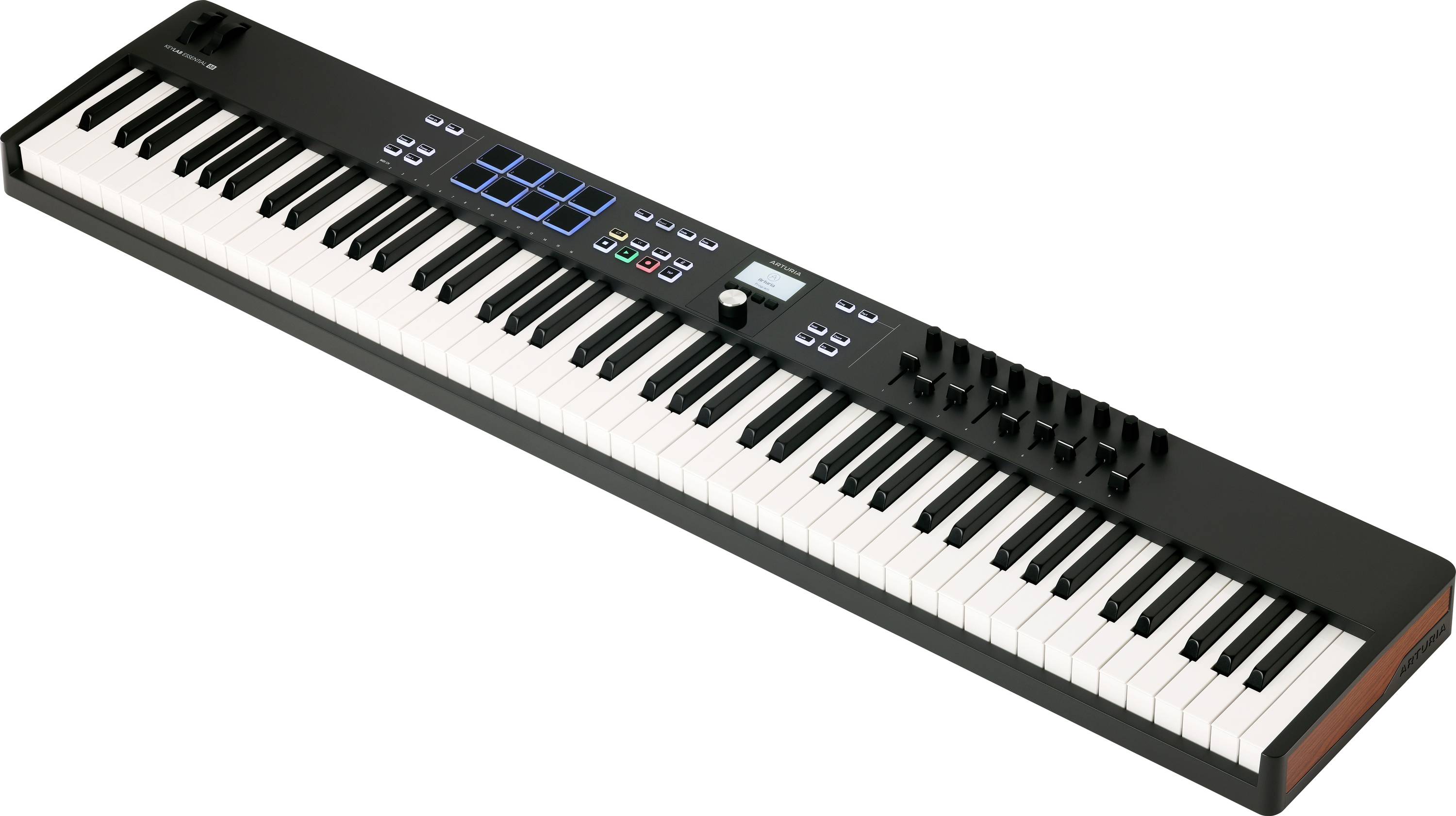 Elektronické MIDI klávesy s 88 klávesami, černými a bílými klávesami, několika regulátory a pady pro hudební produkci.